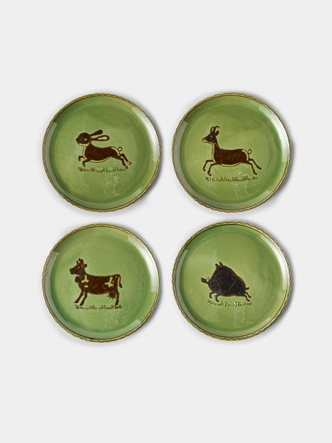 Poterie d’Évires - Animals Hand-Painted Ceramic Dinner Plates – 9.5in/24cm (Set of 4) - Green - ABASK - 