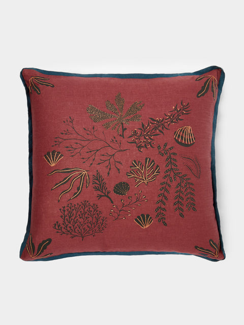Rosemary Milner - Seaweed Hand-Embroidered Linen Cushion (19.5in/50cm) - Red - ABASK - 