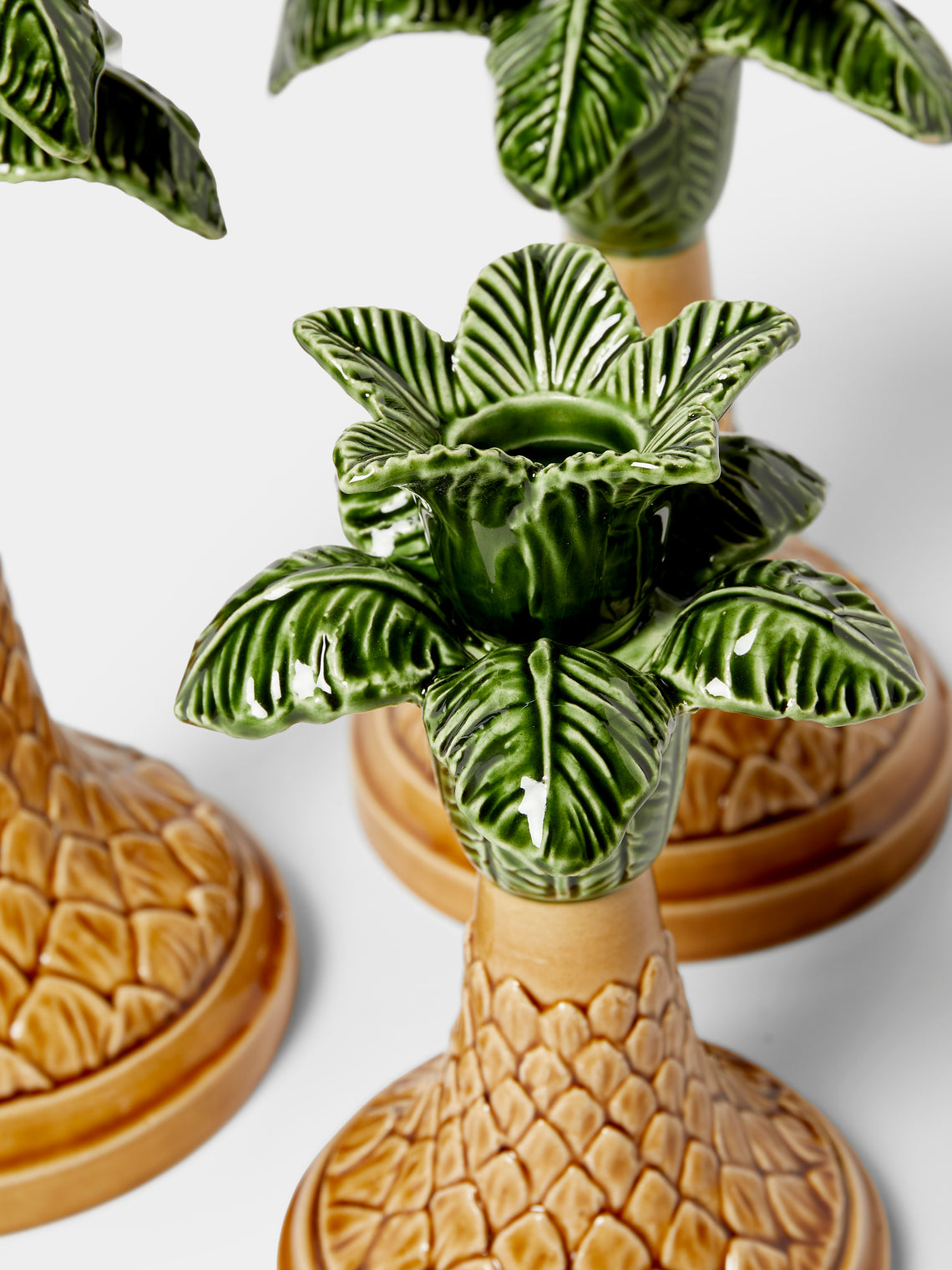 Verdolini - Palm Tree Hand-Painted Majolica Ceramic Candle Holders (Set of 3) - Green - ABASK