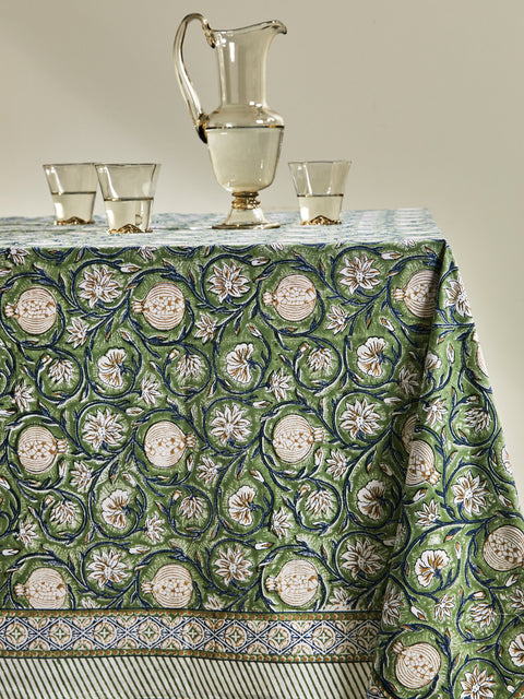 Chamois - Tangier Pomegranate Block-Printed Cotton Extra Large Rectangular Tablecloth - Green - ABASK
