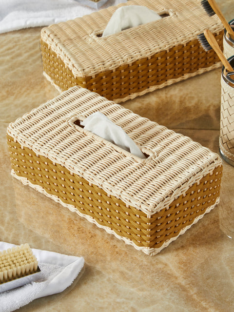 Giobagnara - Antibes Handwoven Leather and Rattan Tissue Box - Yellow - ABASK