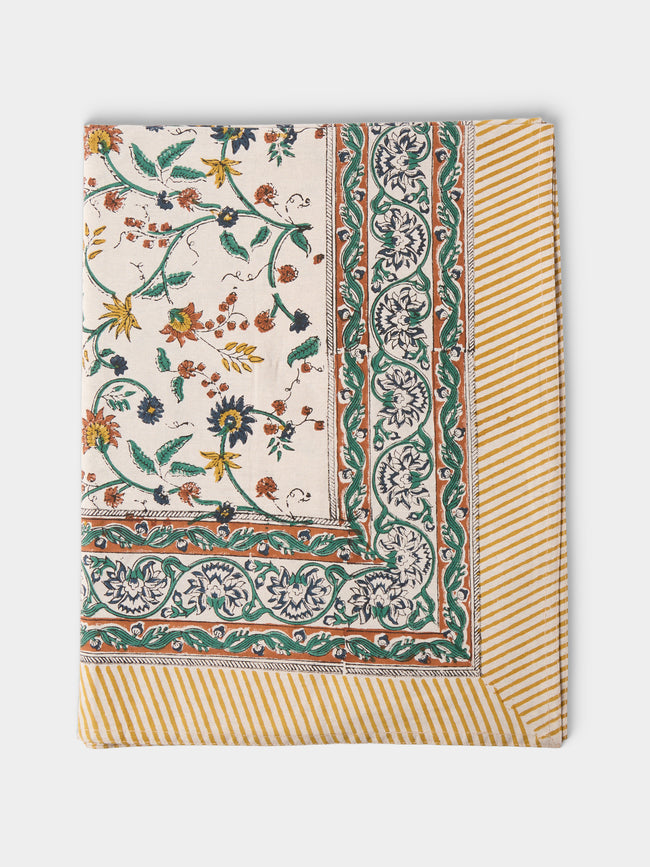 Chamois - Samode Block-Printed Cotton Round Tablecloth (86.5in/2.2m) - Yellow - ABASK - 