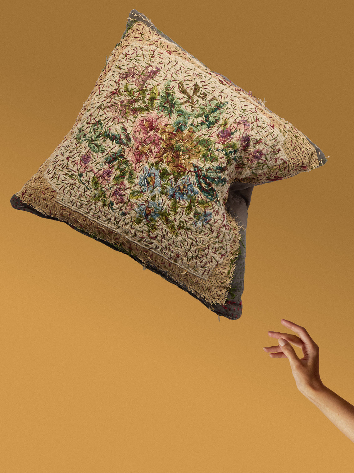 By Walid - 19th-Century Needlepoint Wool, Linen and Cotton Cushion (19.5in/50cm) - Multiple - ABASK