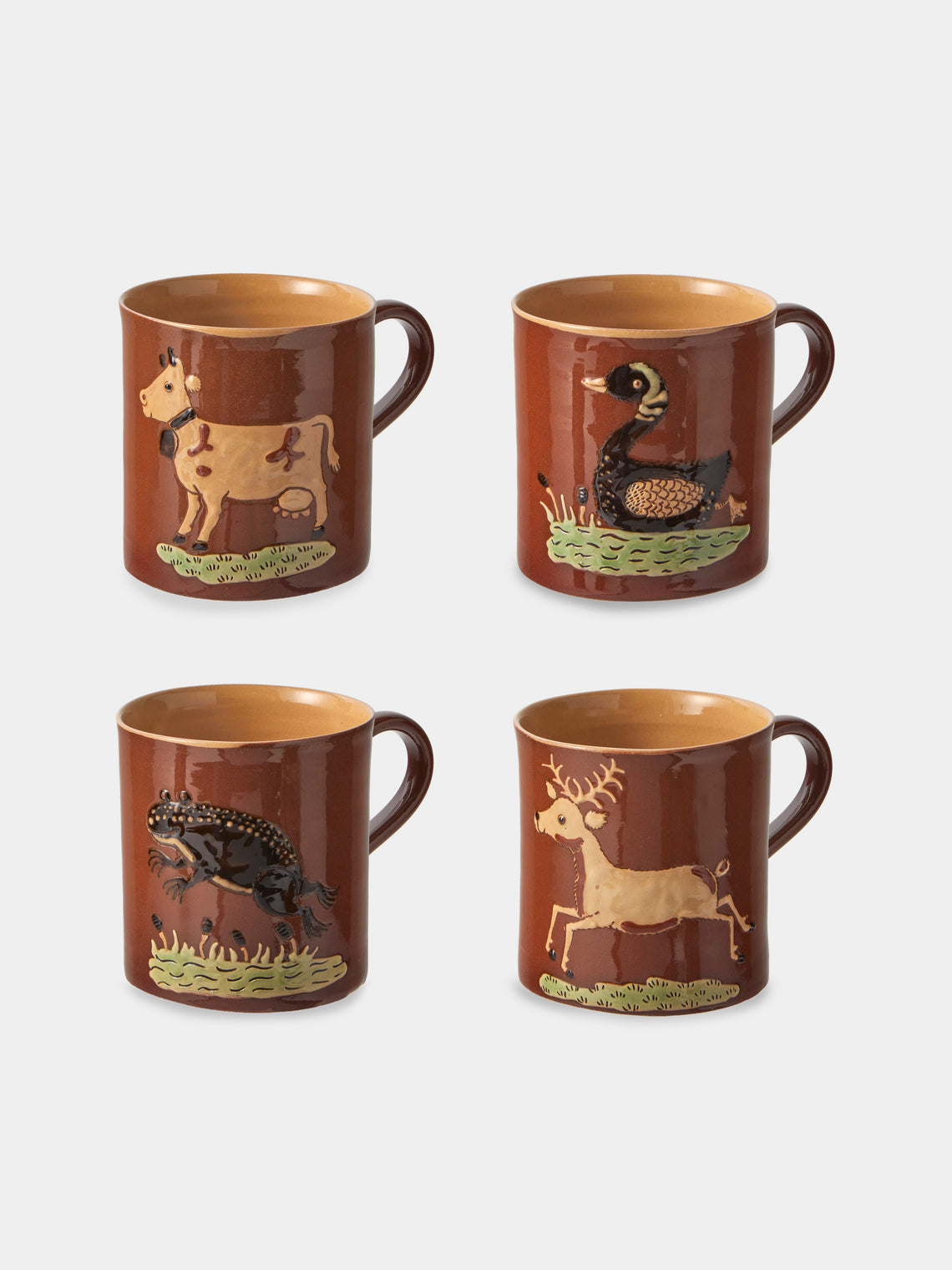 Poterie d’Évires - Animals Hand-Painted Ceramic Mugs (Set of 4) - Light Brown - ABASK - 