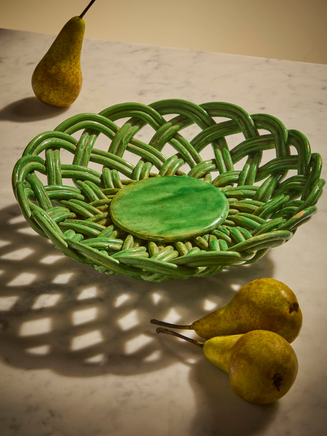 Antique and Vintage - Mid-Century Woven Ceramic Basket - Green - ABASK