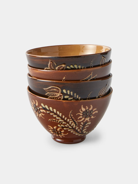 Poterie d’Évires - Flowers Hand-Painted Ceramic Small Bowls (Set of 4) - Brown - ABASK - 