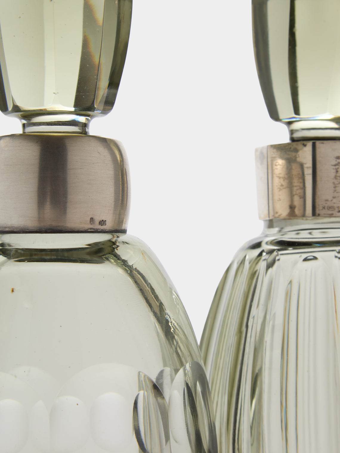 Antique and Vintage - 1930s Art Deco Crystal and Solid Silver Decanters (Set of 2) - Green - ABASK