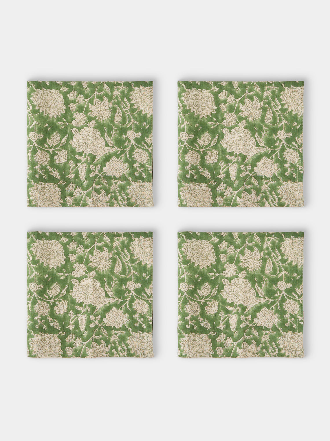 Chamois - Indian Rose Block-Printed Linen Rectangular Tablecloth - Green - ABASK