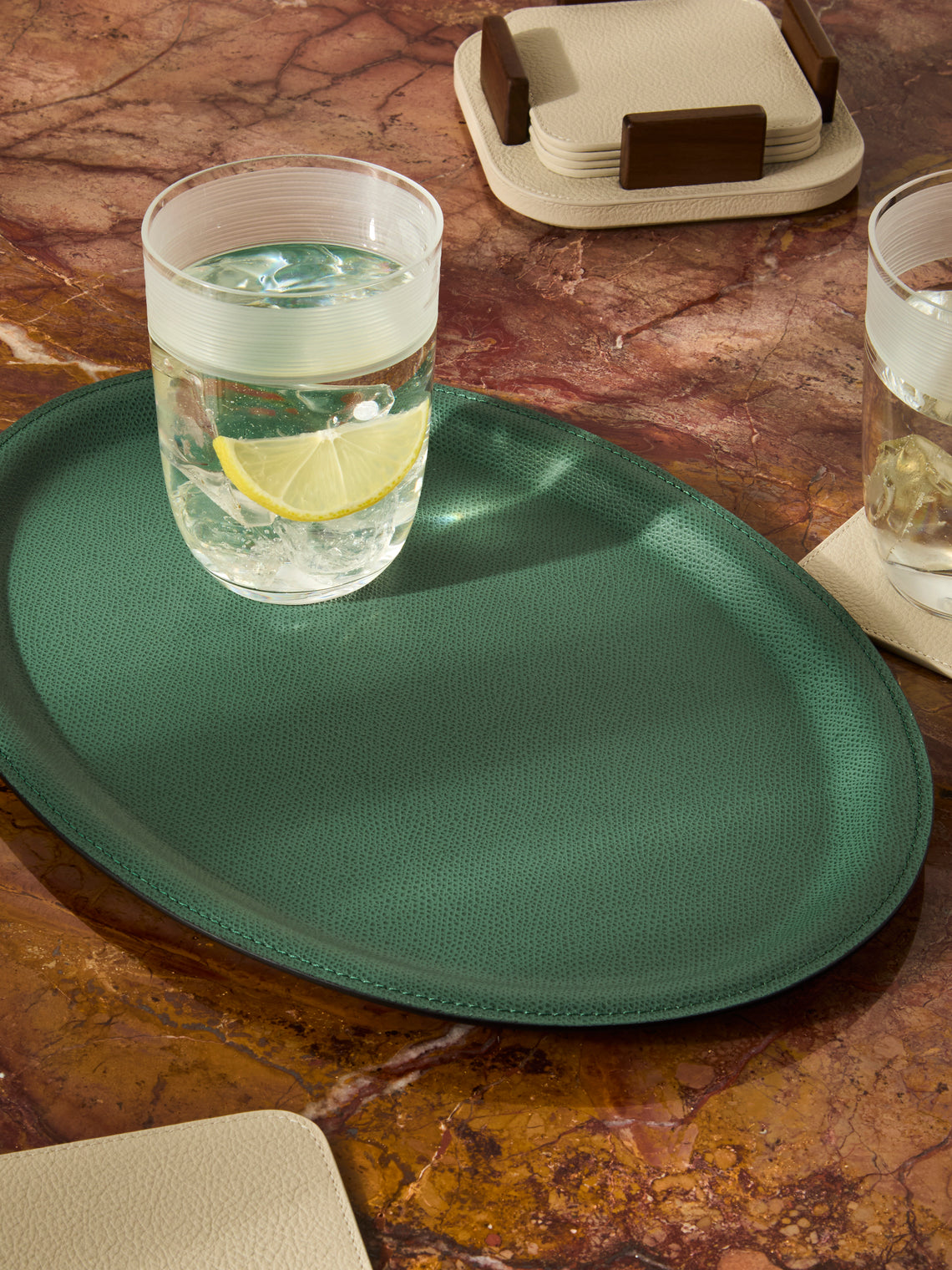 Giobagnara - Miramar Leather Oval Tray (13in/33cm) - Green - ABASK