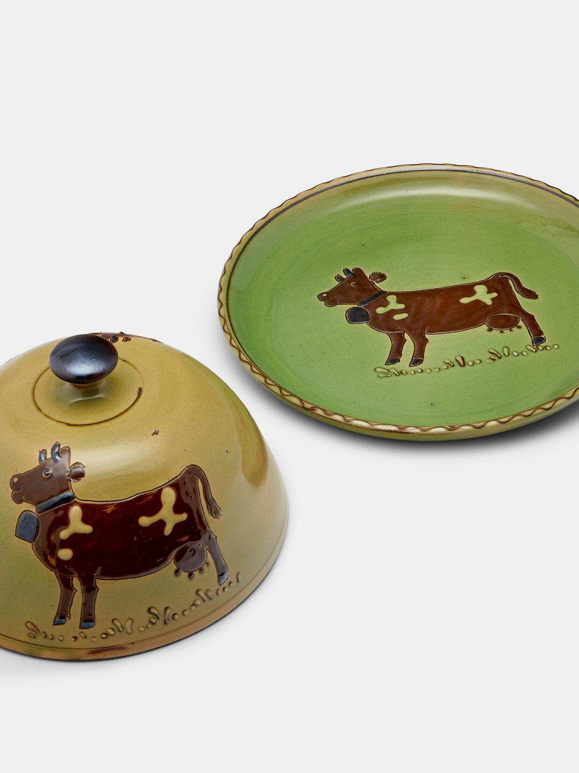 Poterie d’Évires - Cows Hand-Painted Ceramic Large Butter Dish - Green - ABASK