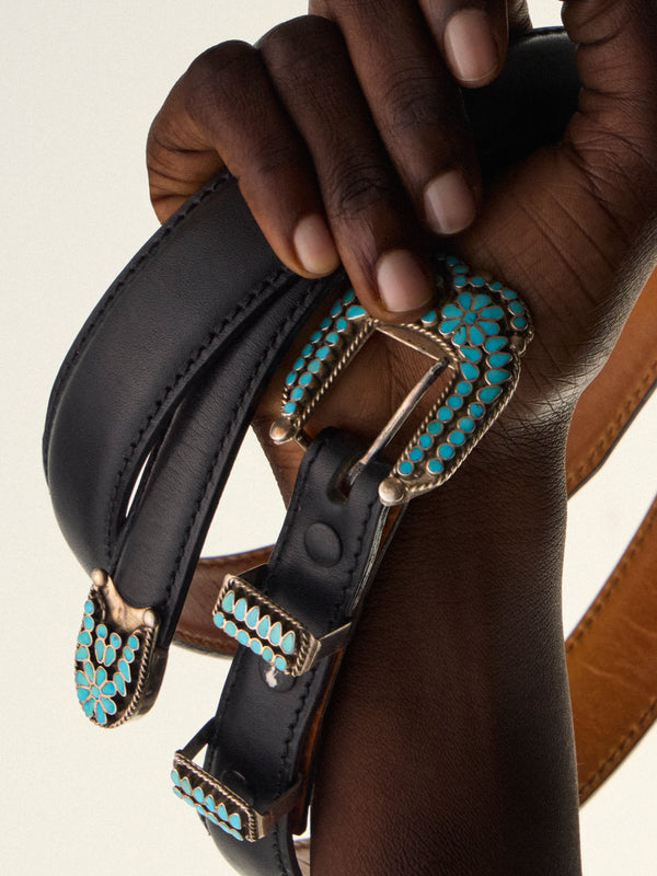 Mahnaz Collection - Women's Vintage 1970 Virgil Dishta Silver and Turquoise Ranger Belt - Black - ABASK