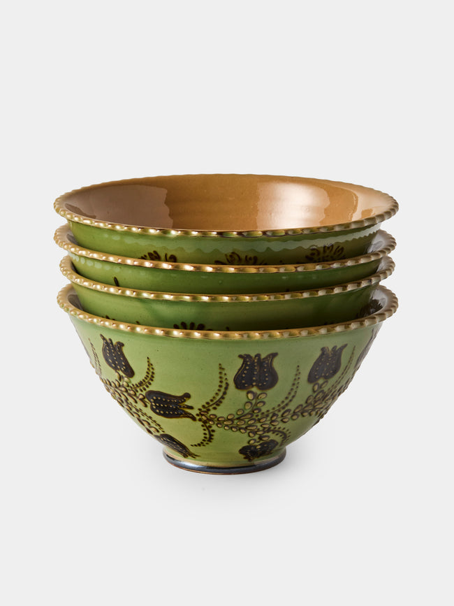 Poterie d’Évires - Flowers Hand-Painted Ceramic Fluted Bowls (Set of 4) - Green - ABASK - 