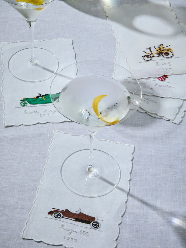 Taf Firenze - | Set of 6 | Retro Car Hand-Embroidered Linen Cocktail Napkins - White - ABASK