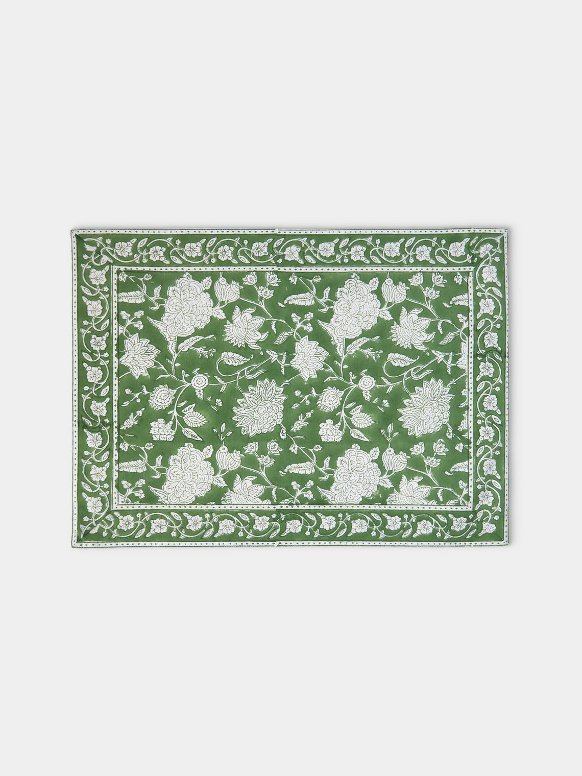 Chamois - Indian Rose Block-Printed Linen Placemats (Set of 4) - Green - ABASK