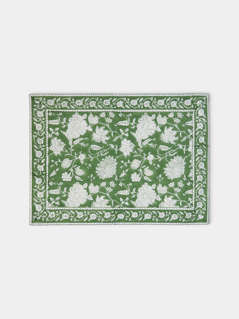 Chamois - Indian Rose Block-Printed Linen Placemats (Set of 4) - Green - ABASK
