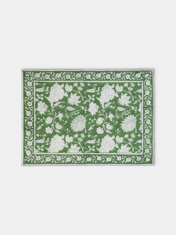 Chamois - Indian Rose Block-Printed Linen Placemats (Set of 4) - Green - ABASK