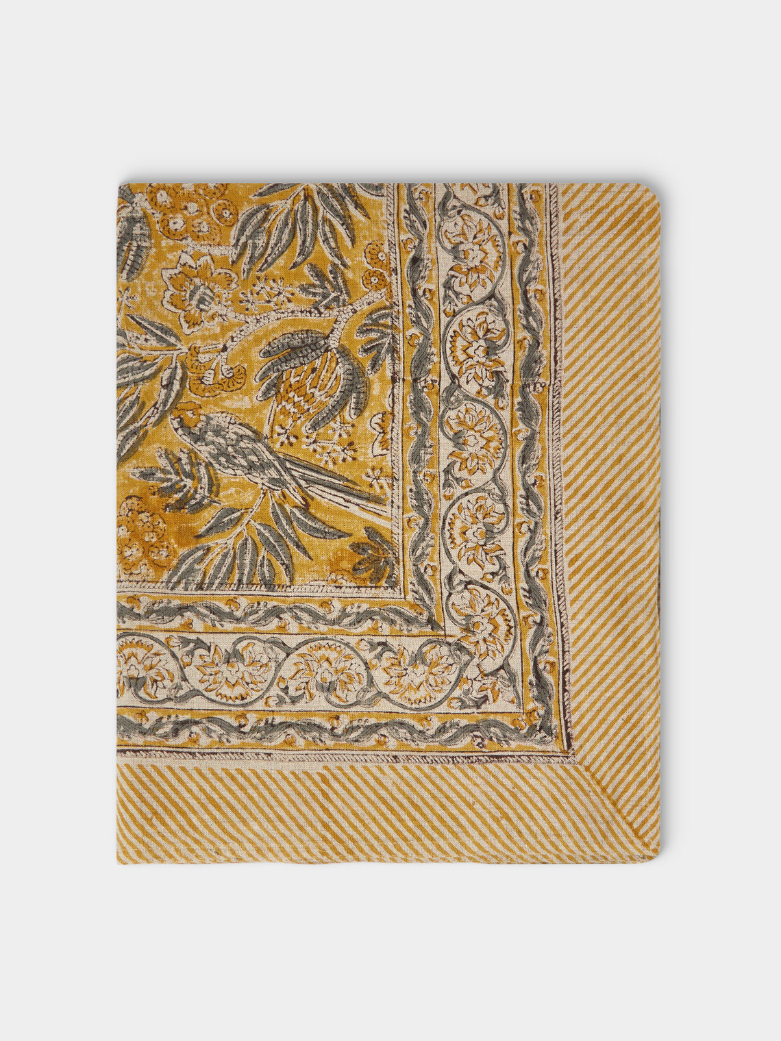 Chamois - Parrot Block-Printed Linen Rectangular Tablecloth (106.5in/2.7m) - Multiple - ABASK - 