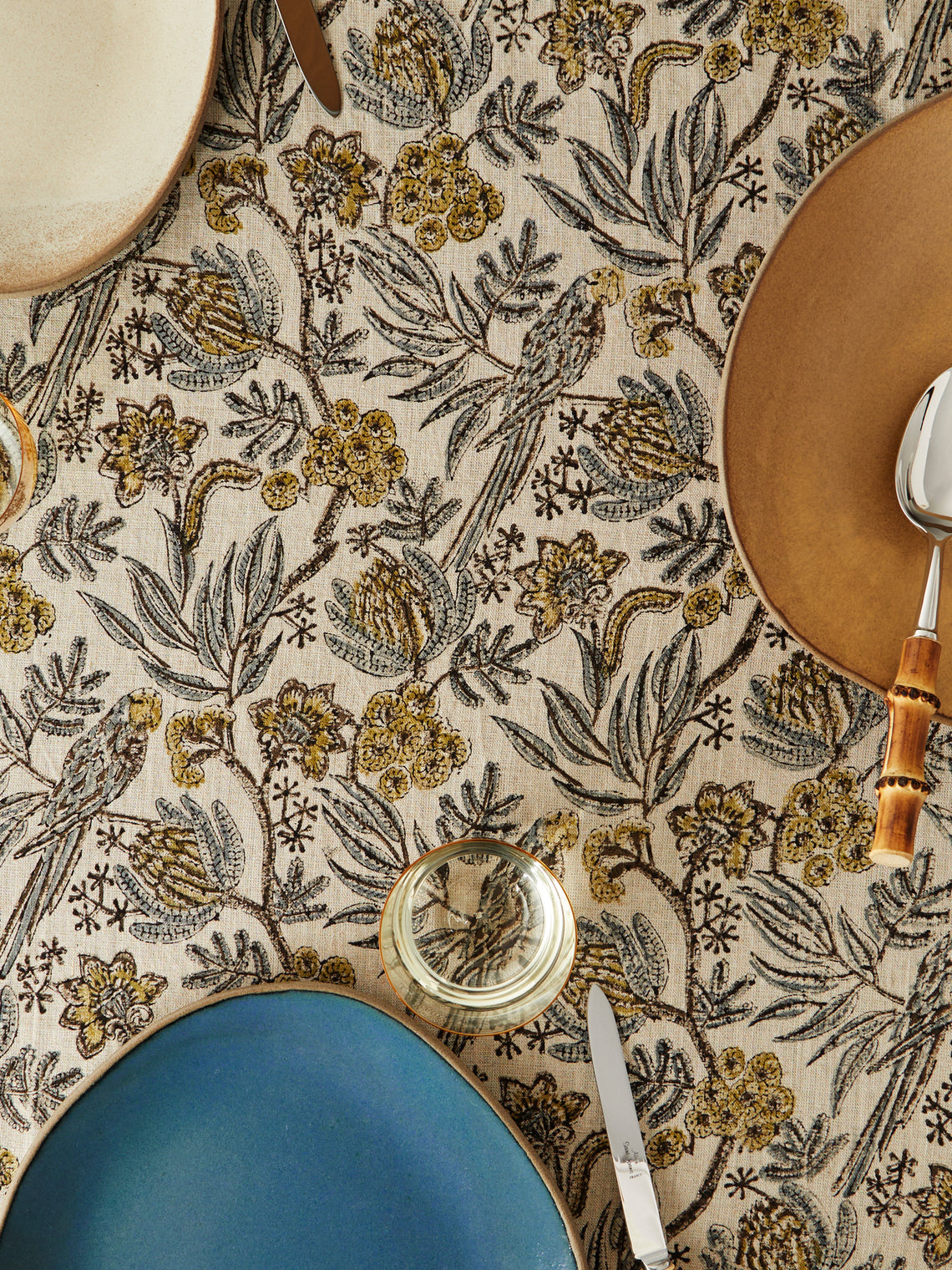 Chamois - Parrot Block-Printed Linen Round Tablecloth (86.5in/2.2m) - Natural - ABASK