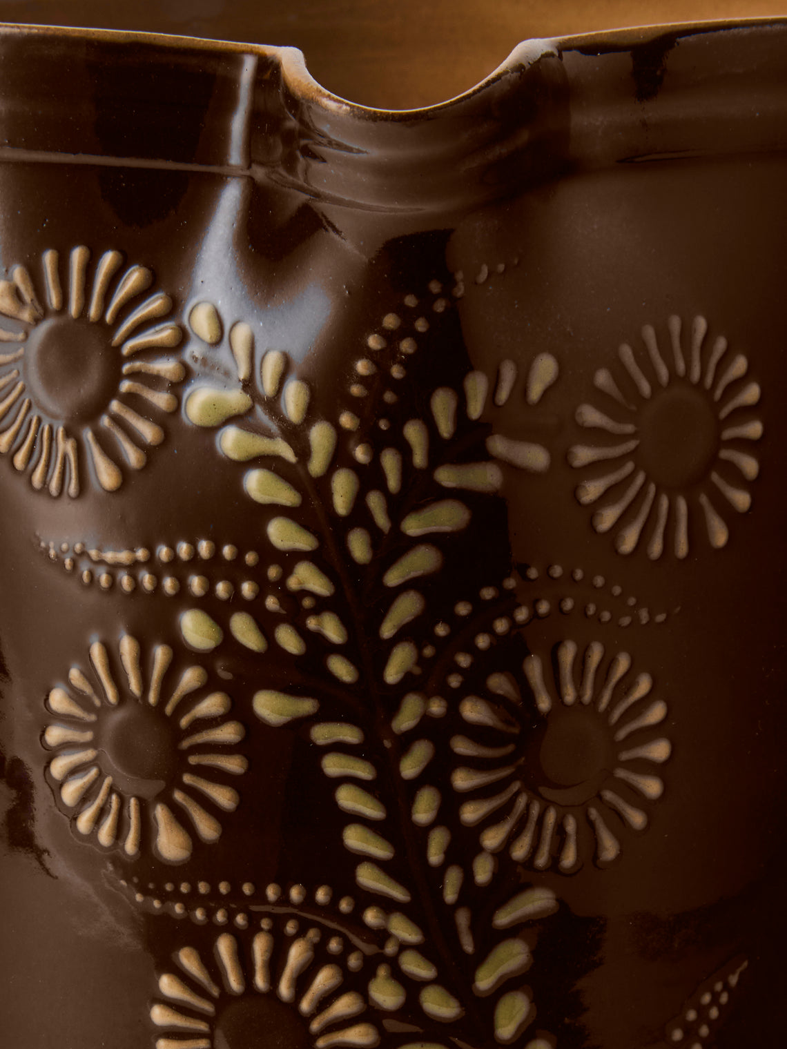 Poterie d’Évires - Flowers Hand-Painted Ceramic Straight-Edge Medium Jug - Dark Brown - ABASK