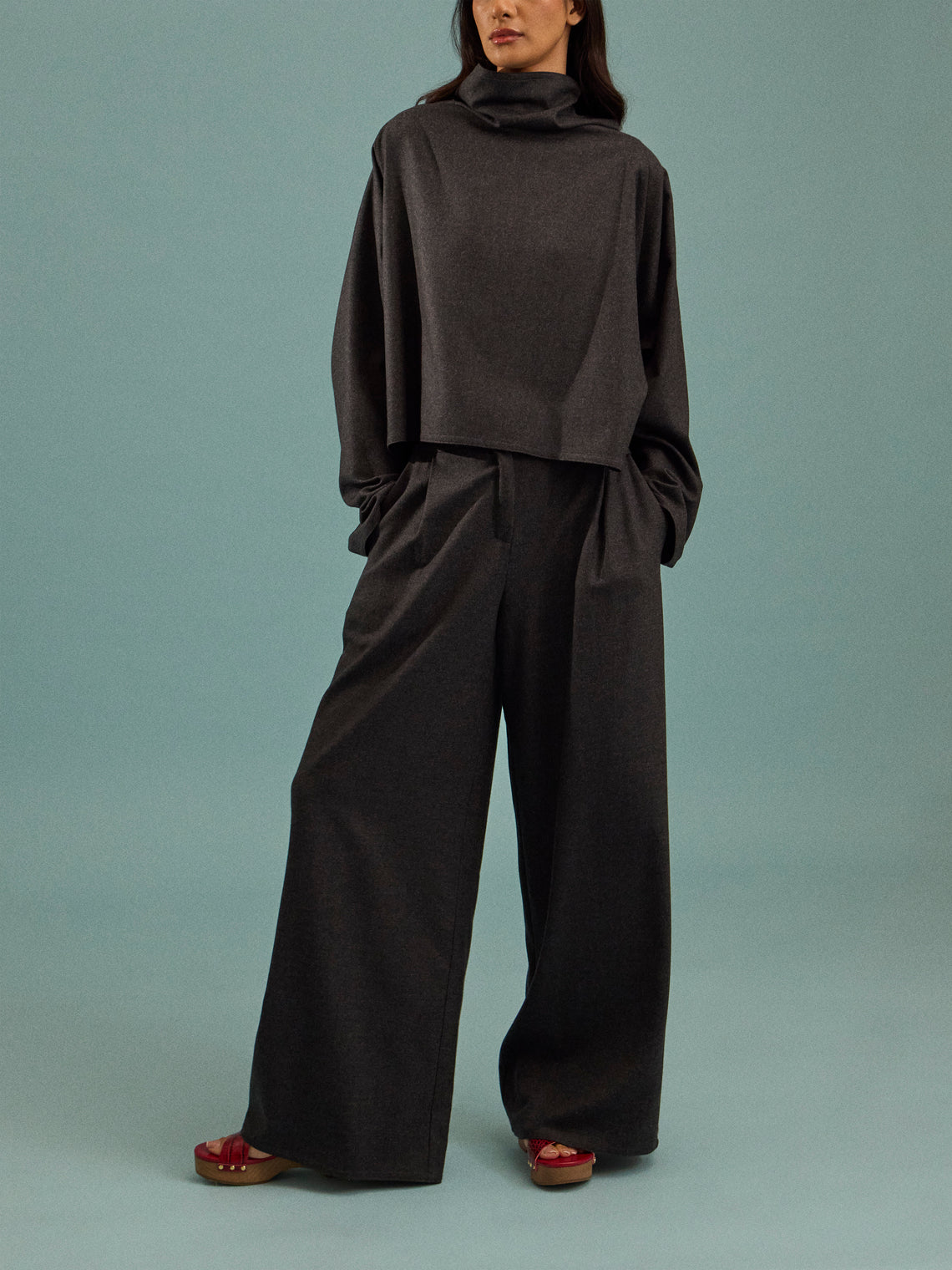 Dusan - Batwing Wool Flannel Short Oversized Top | One Size - Gray - ABASK