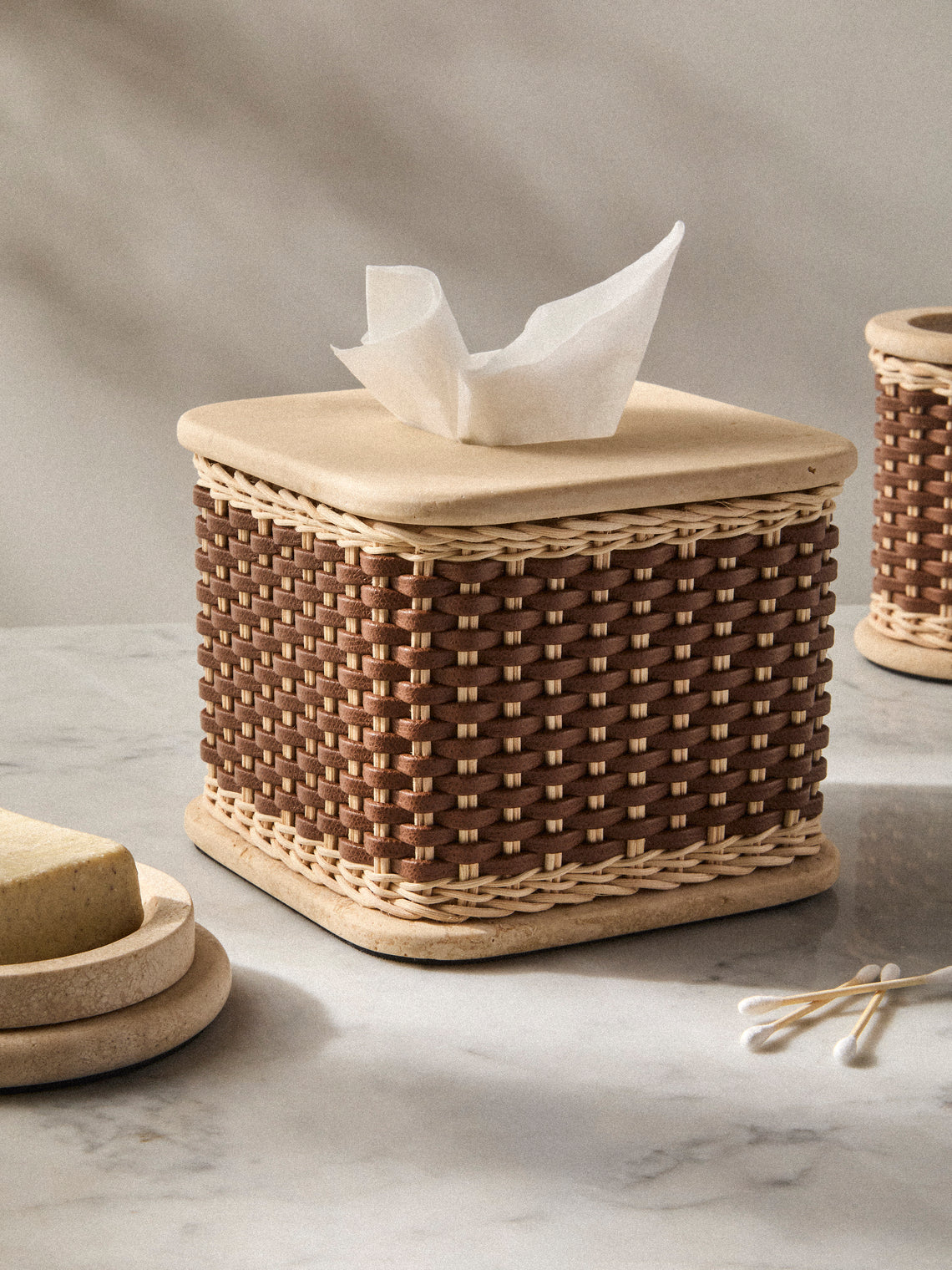 Pigment France - Courbet Leather and Rattan Tissue Box - Brown - ABASK
