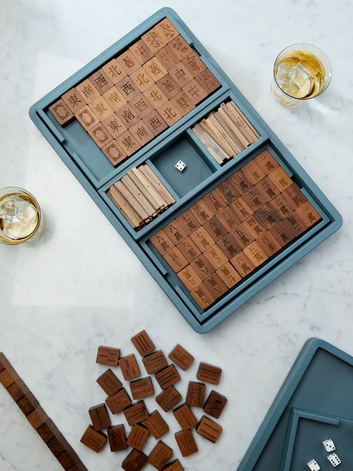 Leather, Maple and Walnut Mahjong Set