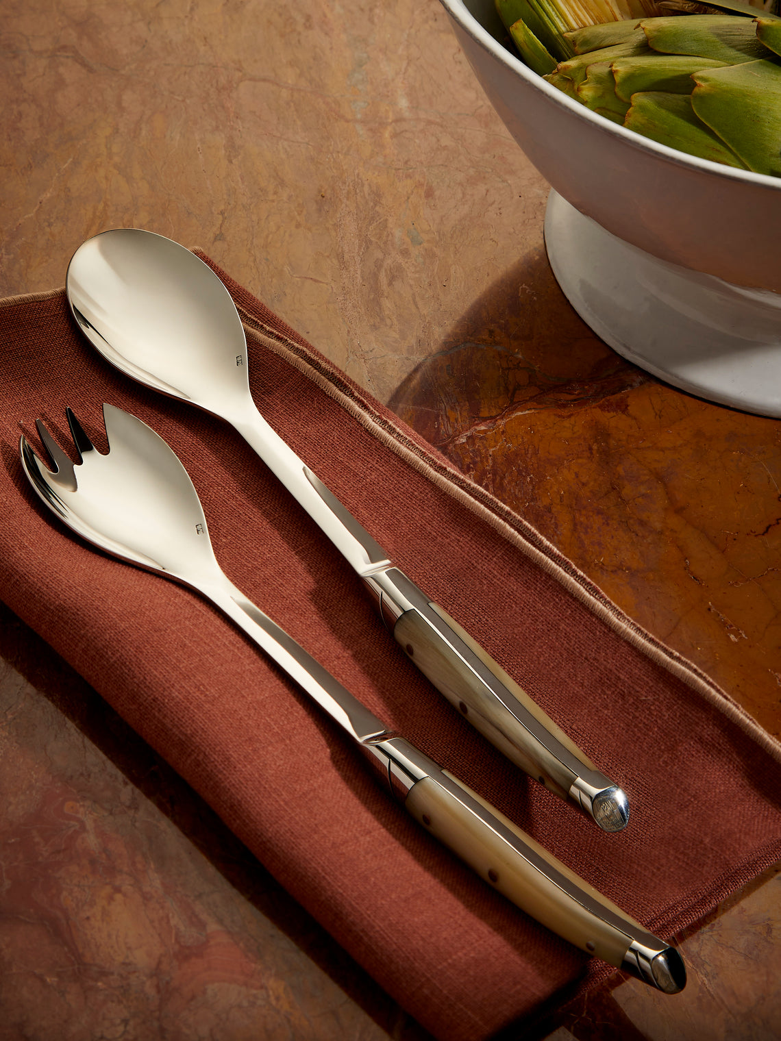 Goyon-Chazeau - Le Thiers Prestige Flammée Blonde Horn Salad Servers (Set of 2) - Brown - ABASK