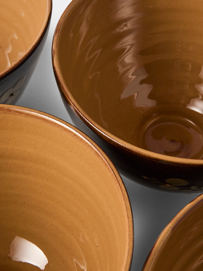 Poterie d’Évires - Flowers Hand-Painted Ceramic Grand Bowls (Set of 4) - Dark Brown - ABASK