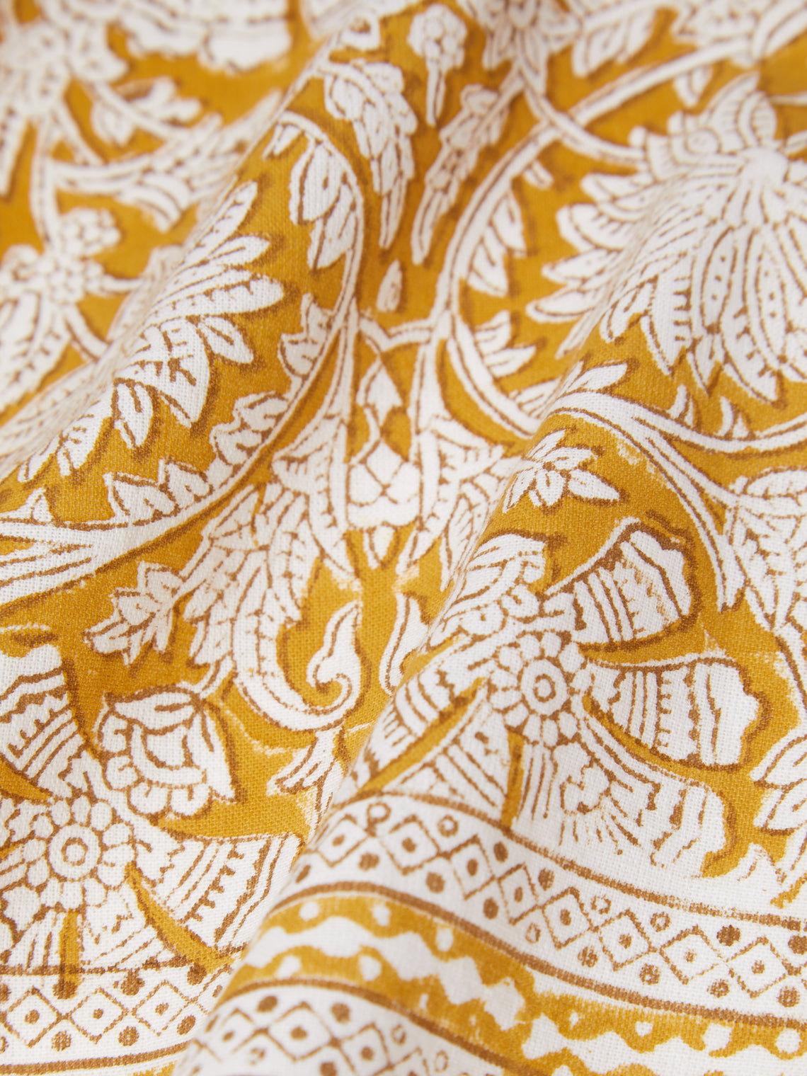 Chamois - Paradise Block-Printed Cotton Rectangular Tablecloth (138in/3.5m) - Yellow - ABASK