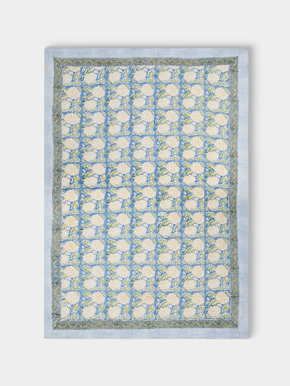 Chamois - Dahlia Block-Printed Linen Rectangular Tablecloth (138in/3.5m) - Blue - ABASK - 