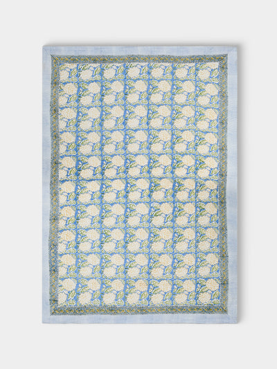 Chamois - Dahlia Block-Printed Linen Rectangular Tablecloth (138in/3.5m) - Blue - ABASK - 