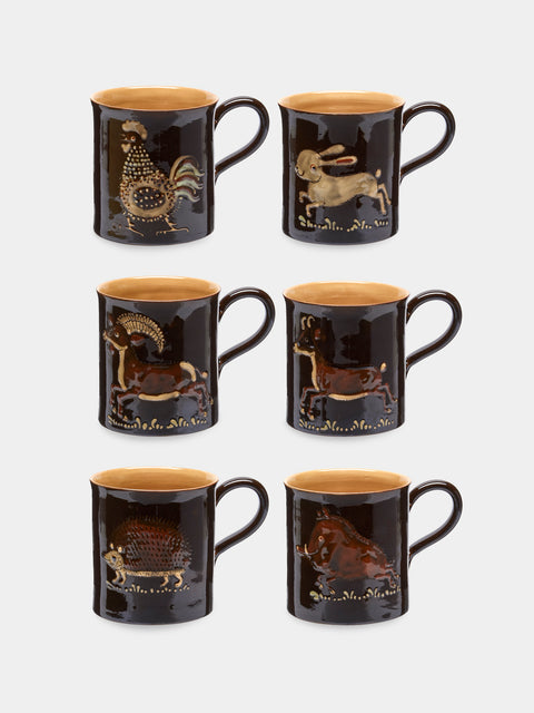 Poterie d’Évires - Animals Hand-Painted Ceramic Mugs (Set of 6) - Dark brown - ABASK - 