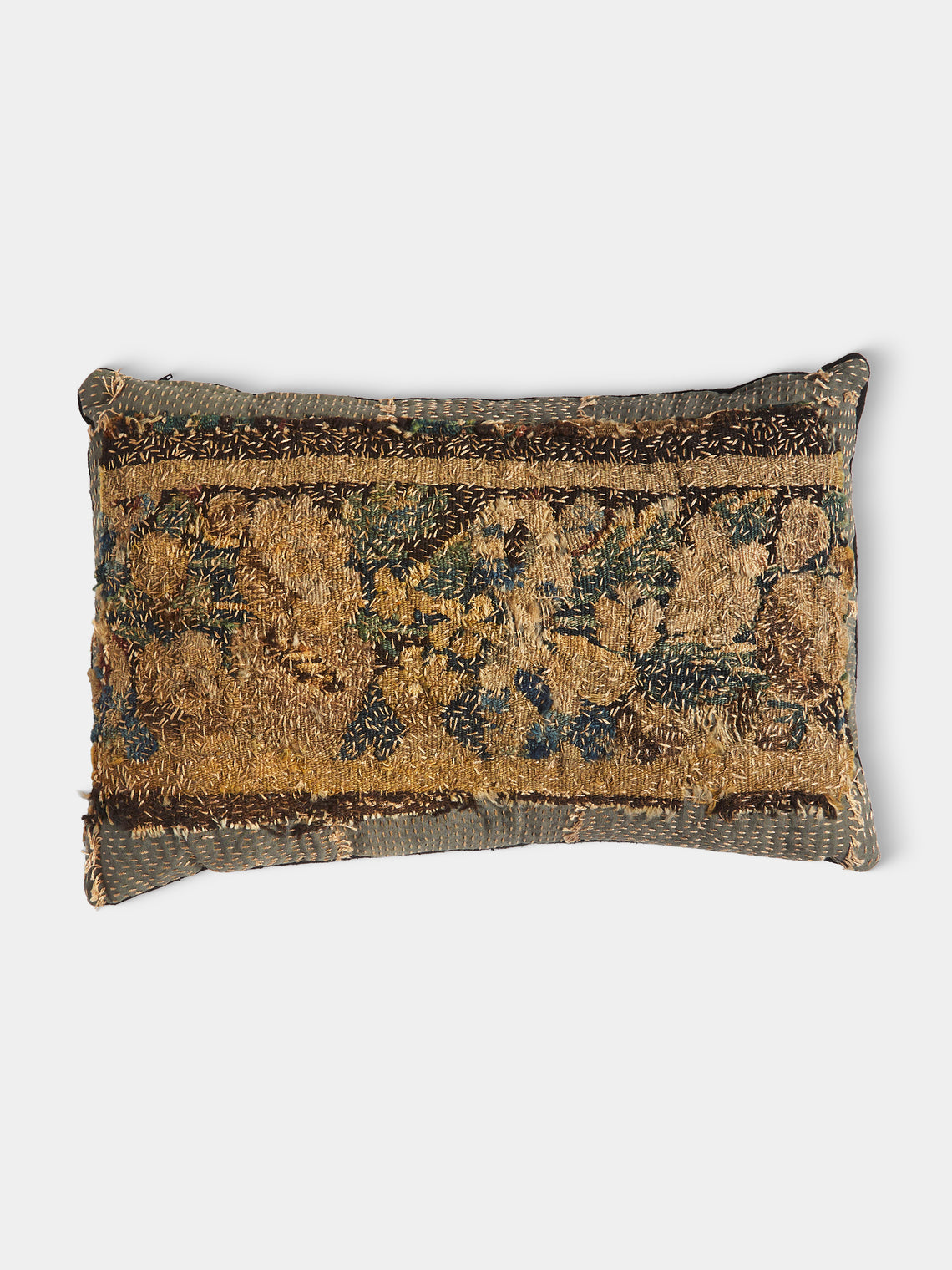 By Walid - 17th-Century French Tapestry and Linen Cushion (19.5in/50cm) - Navy - ABASK - 