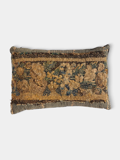 By Walid - 17th-Century French Tapestry and Linen Cushion (19.5in/50cm) - Navy - ABASK - 