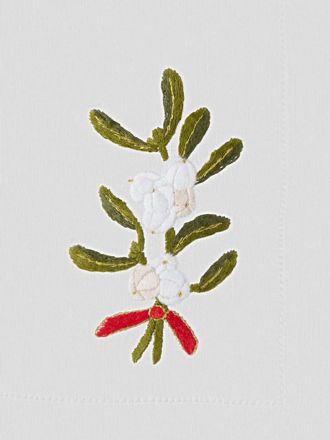 ERI Textiles - | Set of 4 | Mistletoe Bunch Hand-Embroidered Linen Napkins - White - ABASK