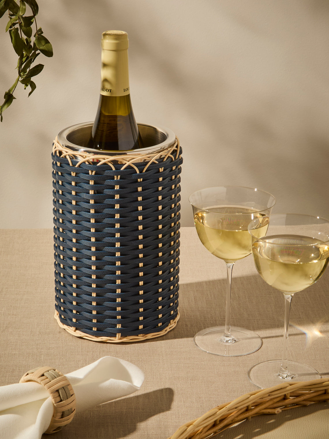 Pigment France - Menton Leather and Rattan Bottle Cooler - Blue - ABASK