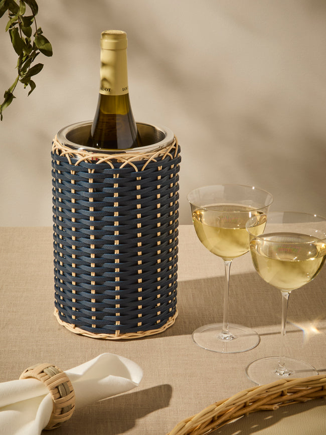 Pigment France - Menton Leather and Rattan Bottle Cooler - Blue - ABASK