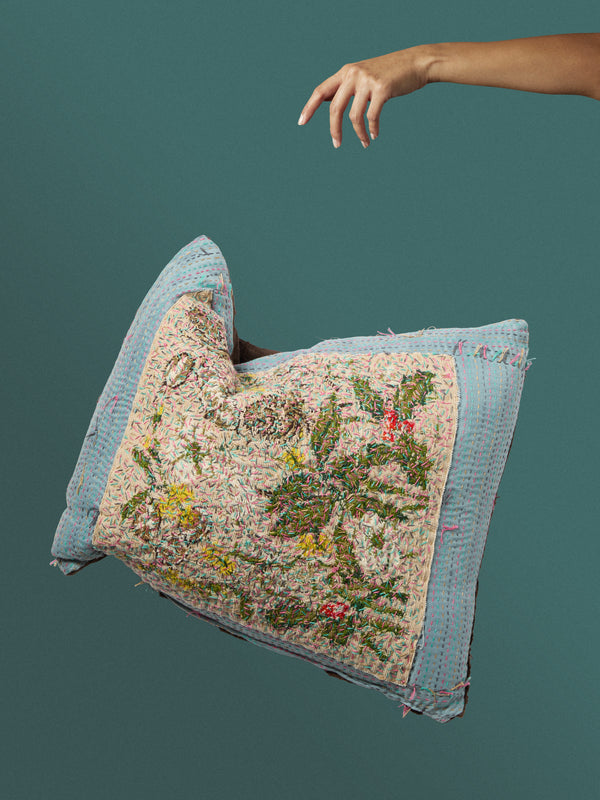 By Walid - 19th-Century Victorian Needlepoint Patchwork Wool and Cotton Cushion (20.5in/52cm) - Multiple - ABASK