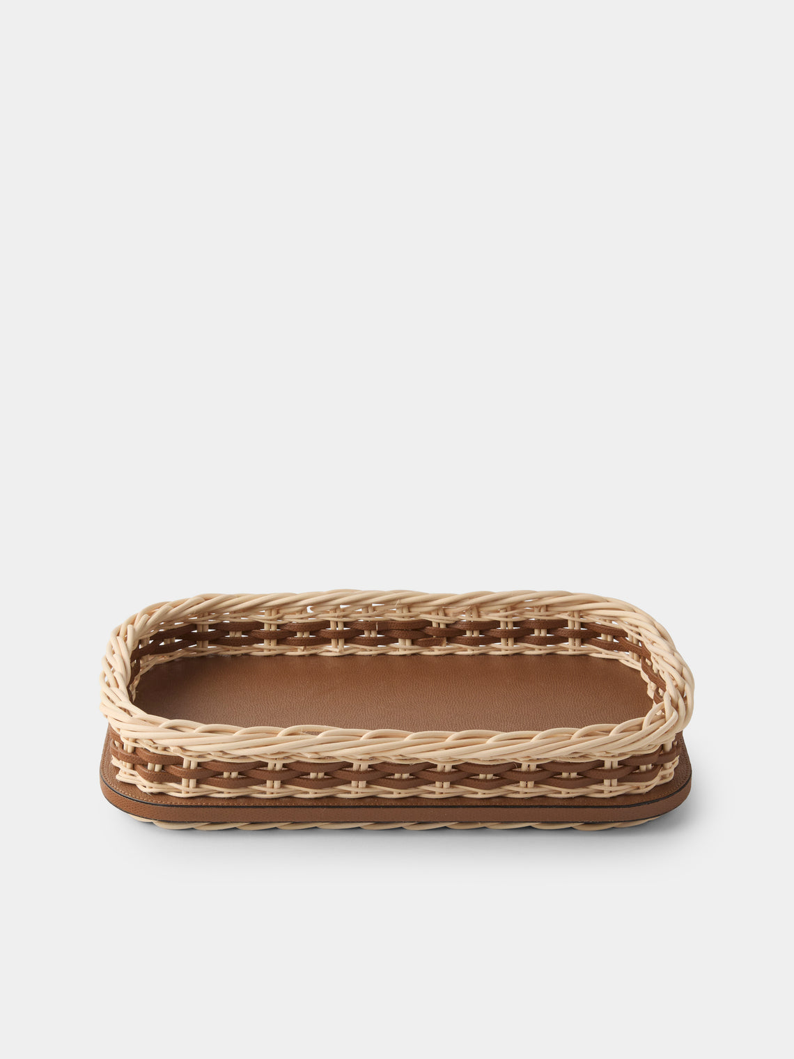 Pigment France - Orsay Leather and Rattan Tray (13in/33cm) - Brown - ABASK