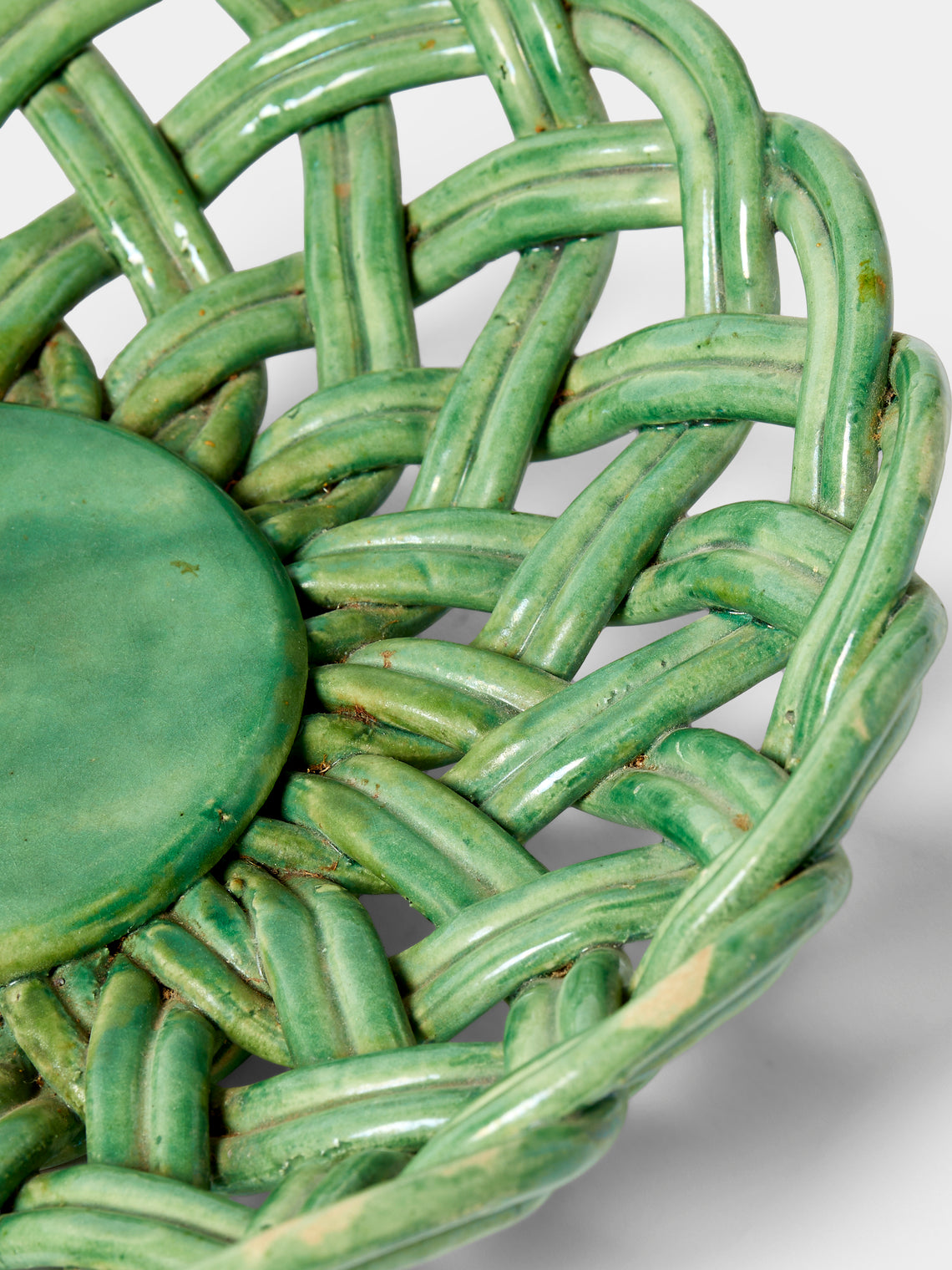 Antique and Vintage - Mid-Century Woven Ceramic Basket - Green - ABASK