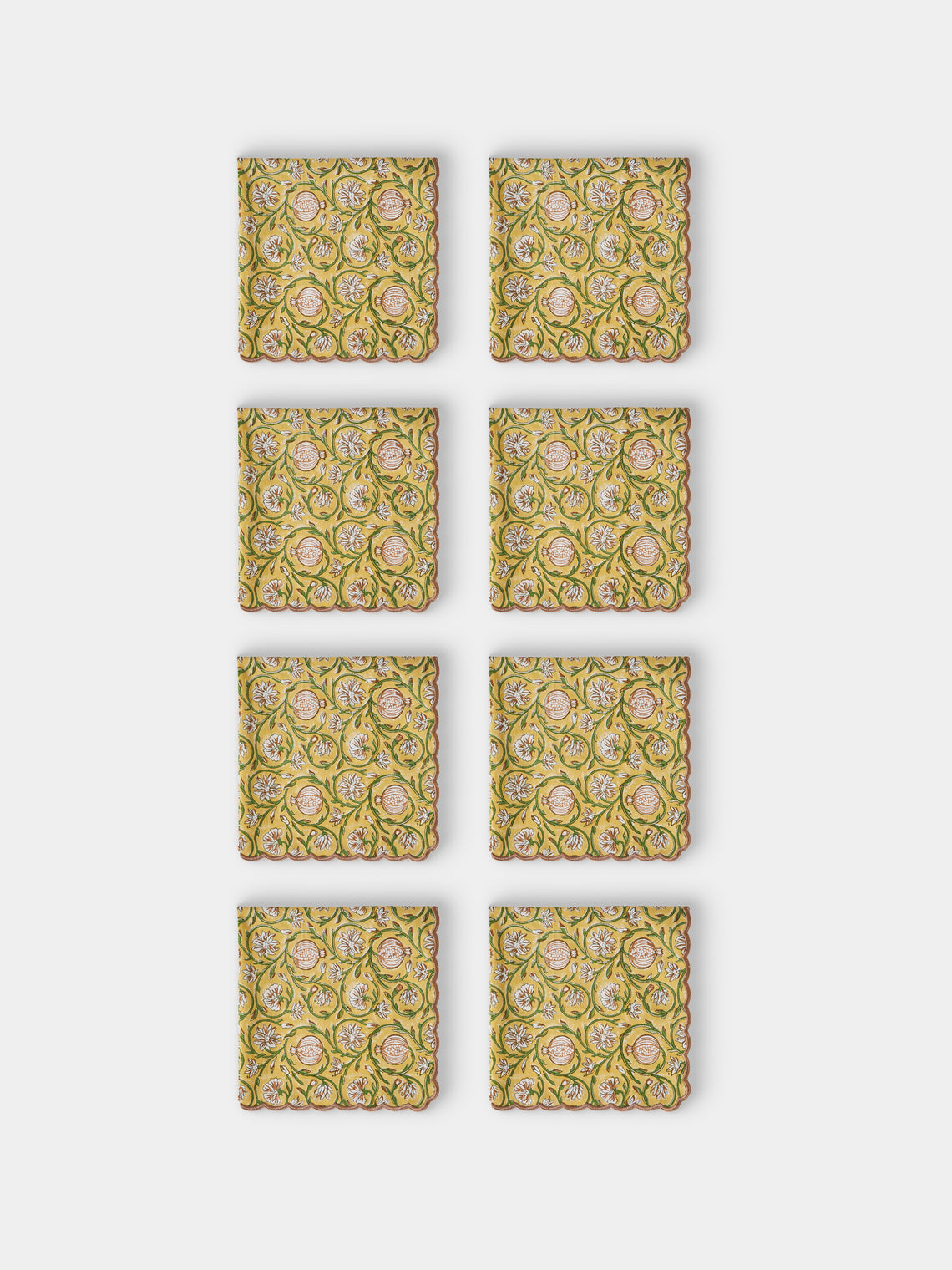 Chamois - Tangier Pomegranate Block-Printed Cotton Napkins (Set of 8) - Yellow - ABASK - 