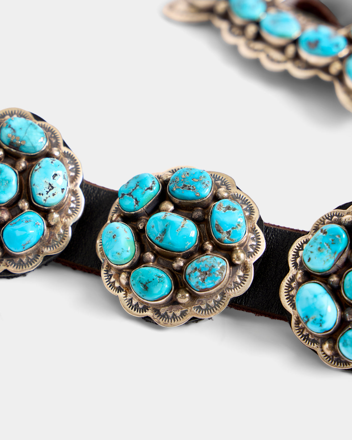 Mahnaz Collection - Women's Vintage 1990 Dan Martinez Navajo Concho Sterling Silver, Turquoise and Leather Belt - Brown - ABASK