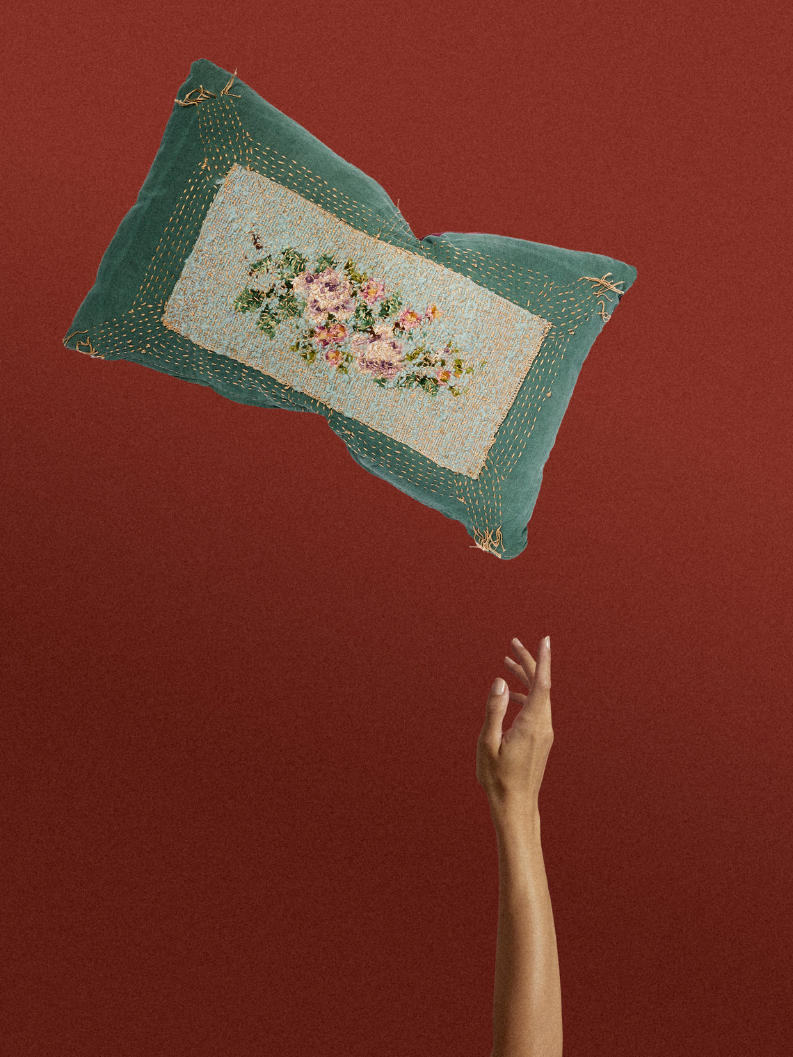 By Walid - 19th-Century Needlepoint Wool and Damask Pillow (19.5in/50cm) - Multiple - ABASK