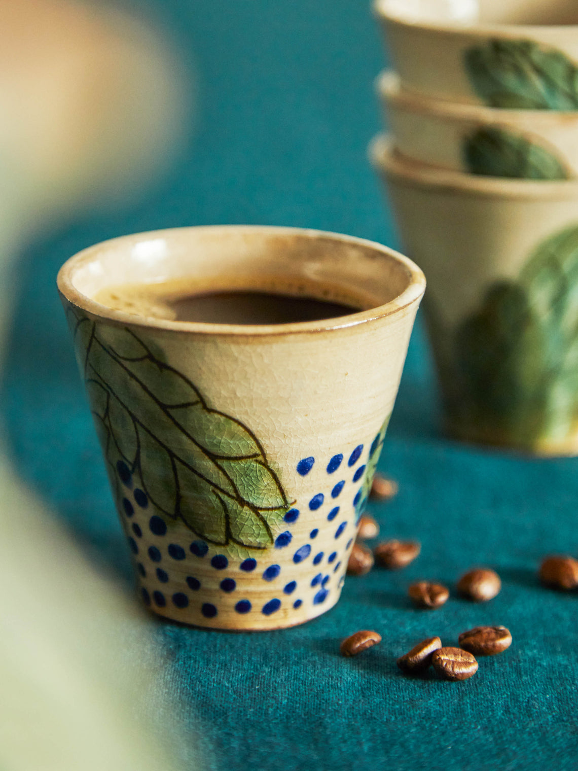 Anut Cairo - Leaves Hand-Painted Ceramic Espresso Cups (Set of 4) -  - ABASK