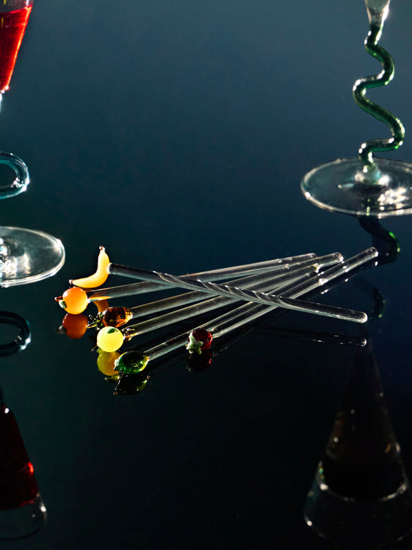 River Valadez - Hand-Blown Glass Fruit Cocktail Stirrers (Set of 6) - Clear - ABASK