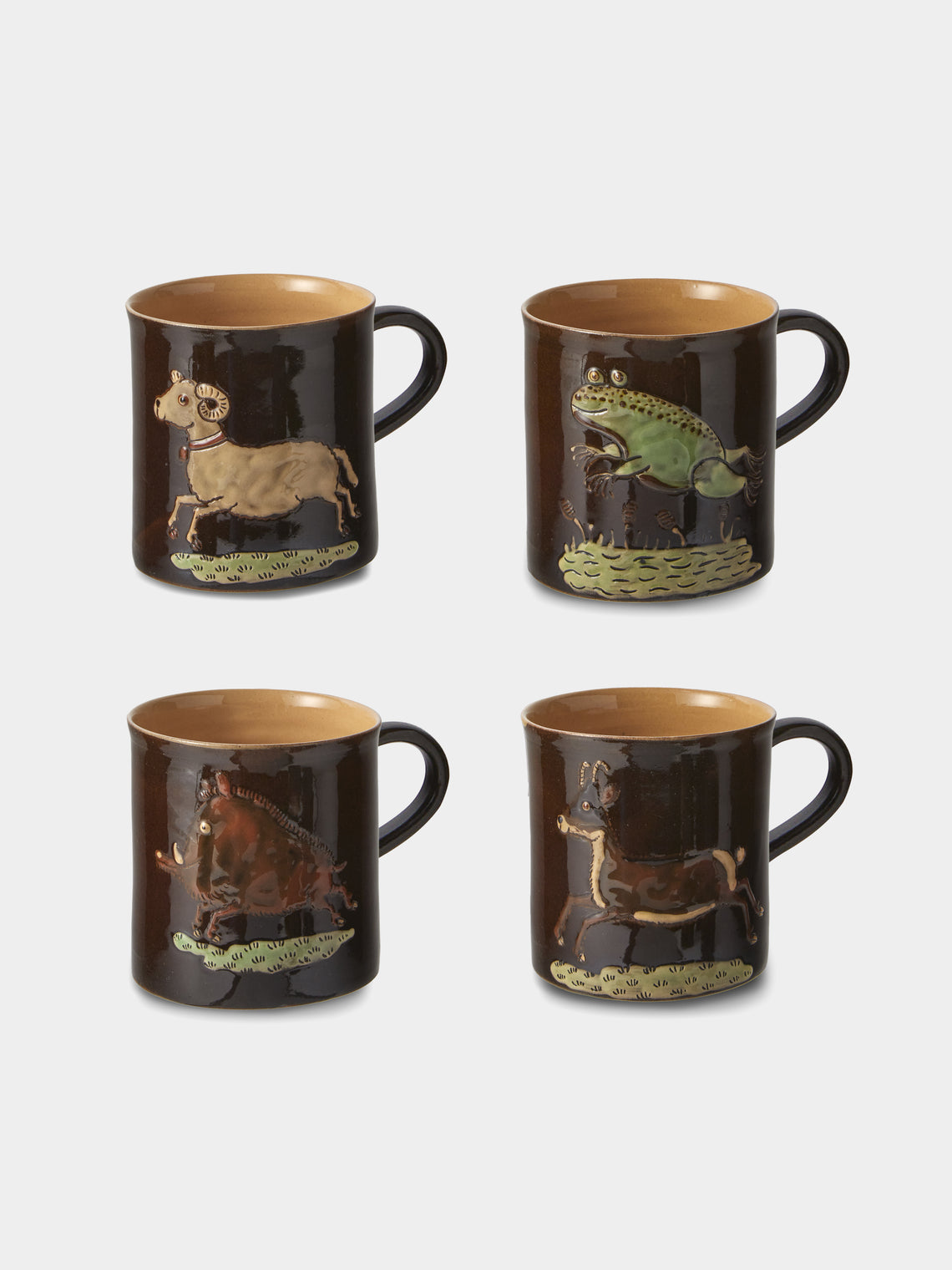 Poterie d’Évires - Animals Hand-Painted Ceramic Mugs (Set of 4) - Dark Brown - ABASK - 