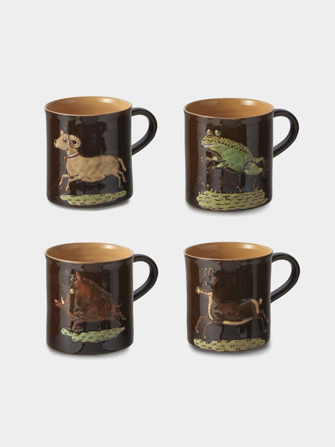 Poterie d’Évires - Animals Hand-Painted Ceramic Mugs (Set of 4) - Dark Brown - ABASK - 