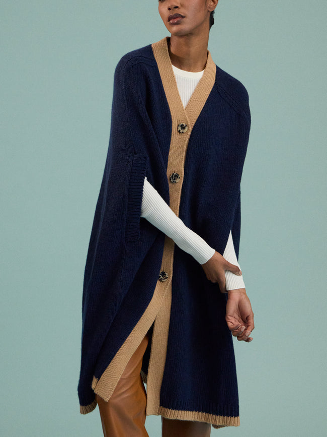 Isa Arfen - Cashmere and Lambswool Color-Block Cape | One Size - Navy - ABASK