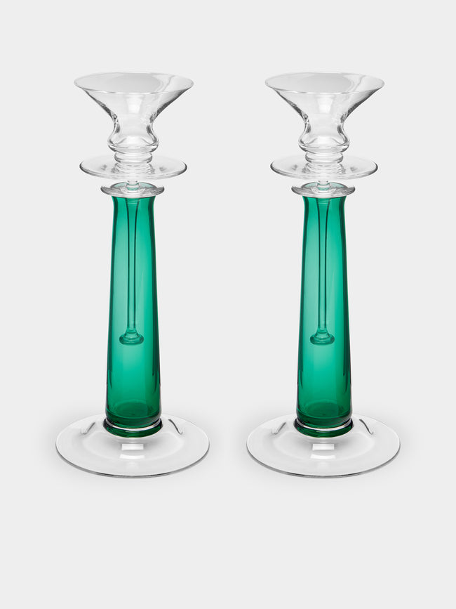 Theresienthal - Louisa Hand-Blown Crystal Candlestick (Set of 2) - Green - ABASK