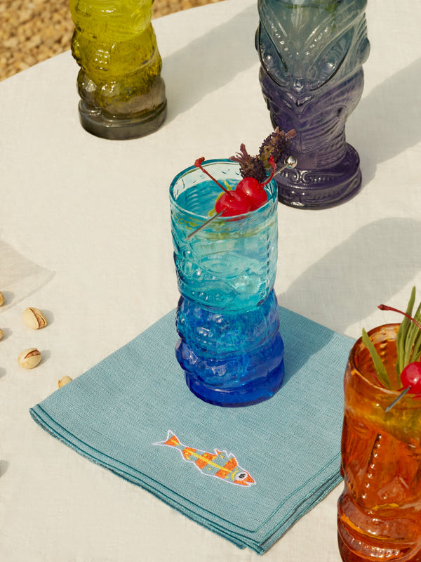 La Gallina Matta - Sardines Embroidered Linen Napkins (Set of 4) -  - ABASK